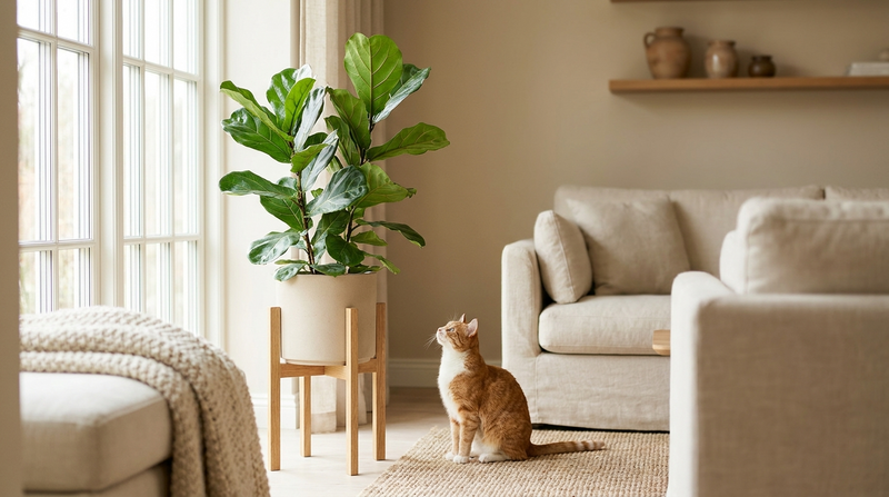 Grote groene kamerplant op een houten plantenstandaard bij het raam met een nieuwsgierige kat ernaast in een lichte woonkamer