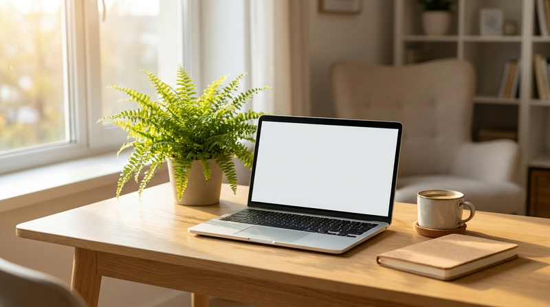 Opgeruimd thuisbureau bij het raam met een laptop en een groene plant ernaast in warm middaglicht