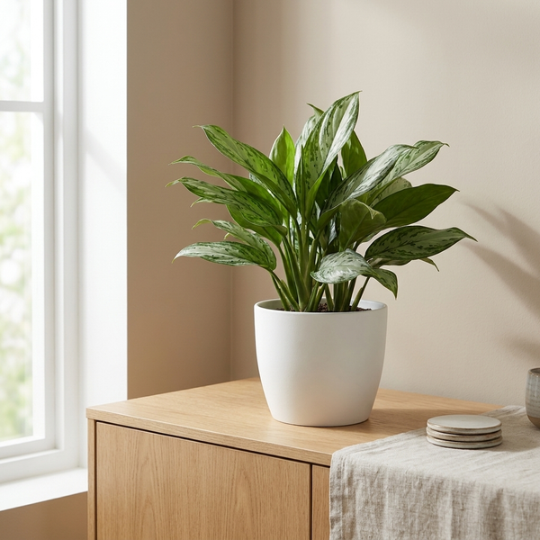 Aglaonema Maria Christina in witte pot op een houten dressoir in een lichte woonkamer