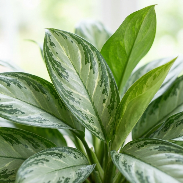 Close-up van het zilvergroene gemarmerde blad van de Aglaonema Maria Christina