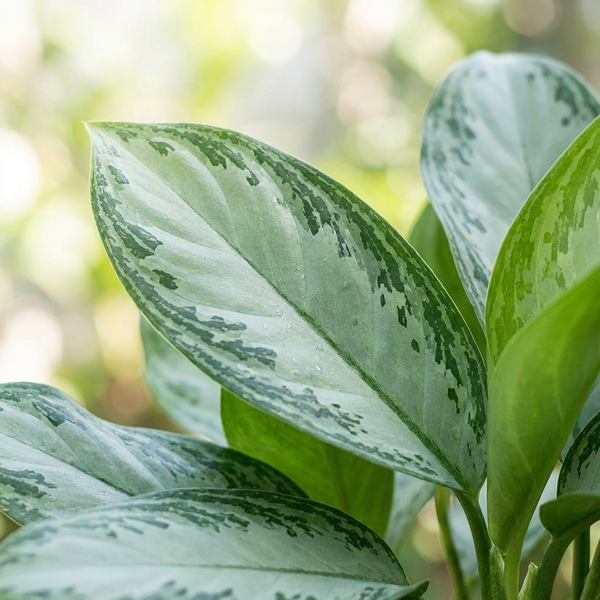 Close-up van het zilvergroene blad met donkergroene rand van de Aglaonema B.J. Freedman