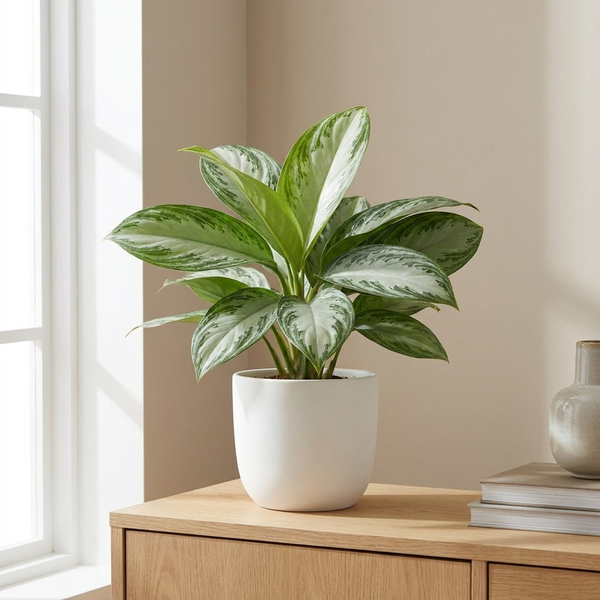Aglaonema Silver Bay in witte pot op een houten dressoir in een lichte woonkamer