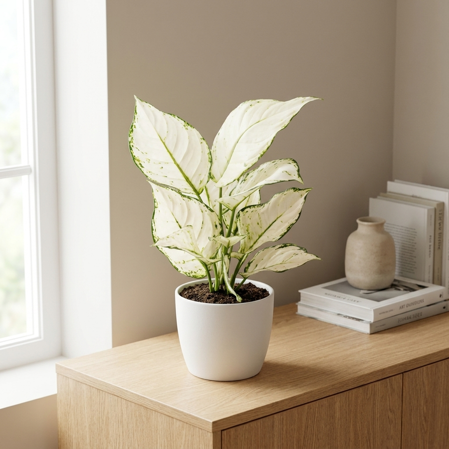 Aglaonema White Joy in witte pot op een houten dressoir in een lichte woonkamer