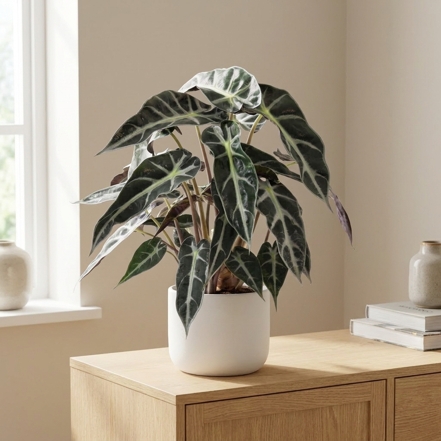 Alocasia Bambino Arrow in witte pot op een houten dressoir in een lichte woonkamer