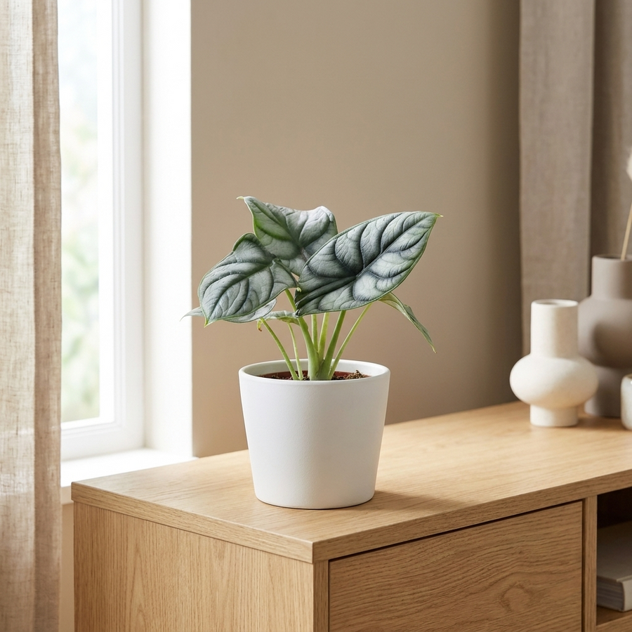 Alocasia Silver Dragon in witte pot op een houten dressoir in een lichte woonkamer