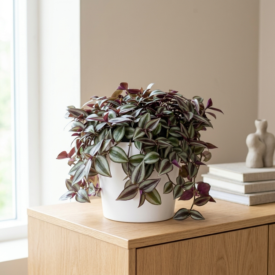 Tradescantia Zebrina Purpusii in witte sierpot op eiken dressoir in een lichte Scandinavische woonkamer