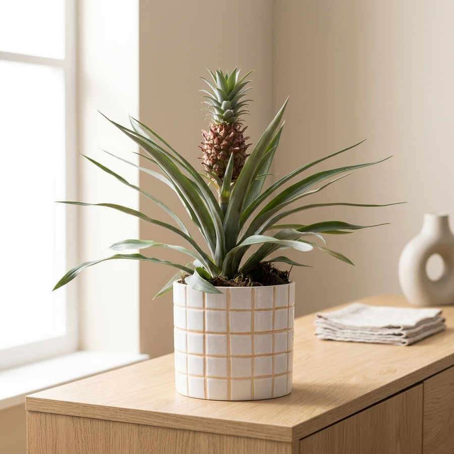 Ananas Rosita In P&PURE Tirza Ceramics op een eiken dressoir in een lichte Scandinavische woonkamer