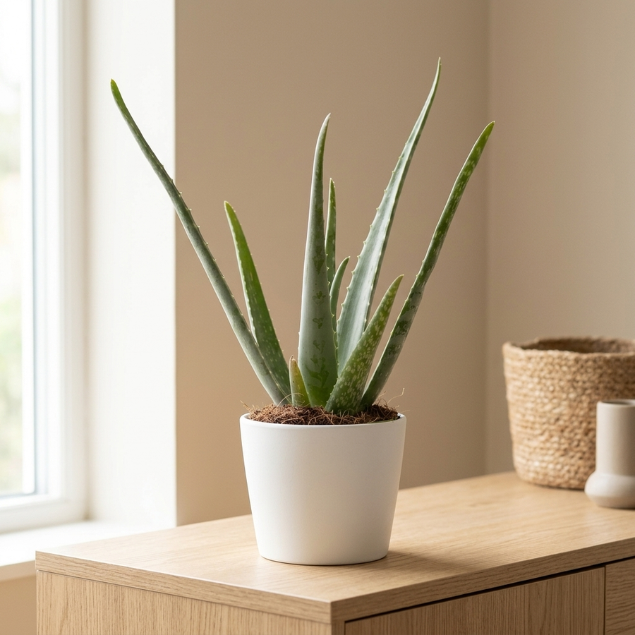 Aloe Vera P&PURE Collection in witte keramieken pot op een eiken dressoir in een lichte woonkamer