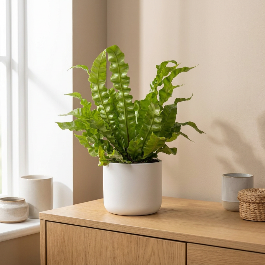 Asplenium Crispy Wave in witte keramieken pot op een eiken dressoir in een lichte Scandinavische woonkamer
