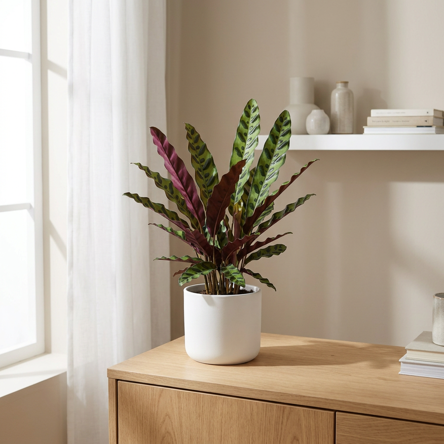 Calathea Lancifolia Insignis in witte keramieken pot op een eiken dressoir in een lichte Scandinavische woonkamer