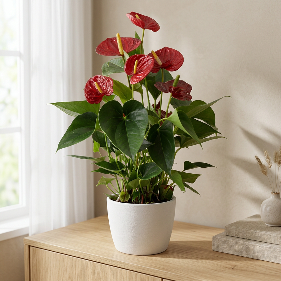 Anthurium Success Red In Transparant Sleeve in een witte sierpot op een eiken dressoir in een lichte Scandinavische woonkamer