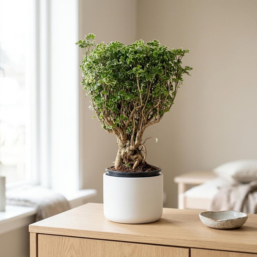 Polyscias Hawaiiana Ming Gold Bonsai in witte keramieken sierpot op een eiken dressoir in een lichte Scandinavische woonkamer