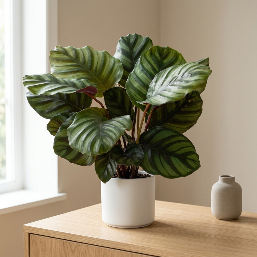 Calathea Fasciata in witte keramieken pot op een eiken dressoir in een lichte Scandinavische woonkamer