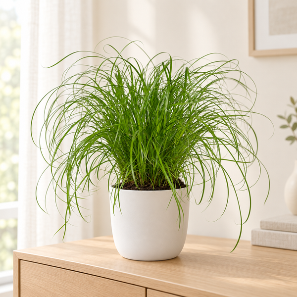 Cyperus Alternifolius kattengras in een matwitte keramische pot op een eiken dressoir in een lichte woonkamer