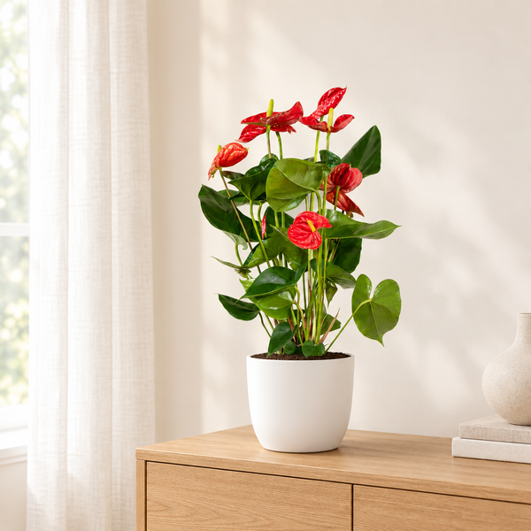 Anthurium Red in een matte witte keramieken sierpot op een licht eiken dressoir in een lichte woonkamer
