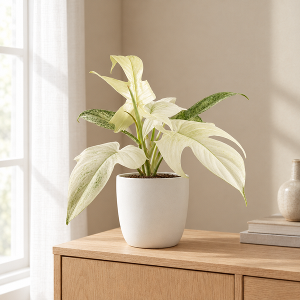 Philodendron Florida Ghost in een sfeervolle, lichte woonkamer