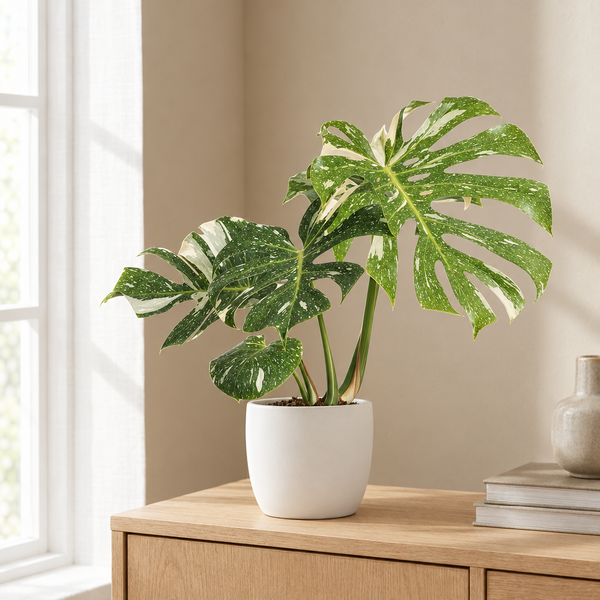 Monstera Thai Constellation in een sfeervolle, lichte woonkamer