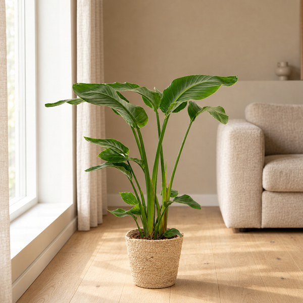 Strelitzia Nicolai in Mand Selin in een sfeervolle, lichte woonkamer