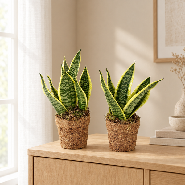Twee Sansevieria Yellow in kokospot op een eiken dressoir