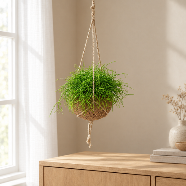 Kokedama Rhipsalis oasis hangend voor het raam in een lichte woonkamer