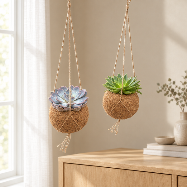 Twee Echeveria kokedama's hangend voor het raam