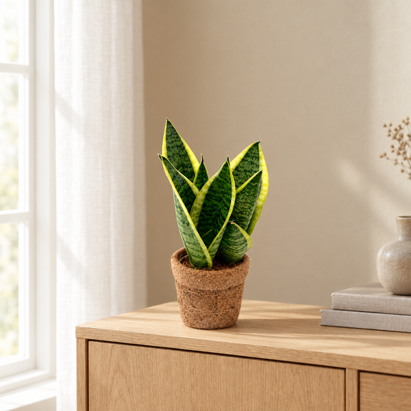 Sansevieria Yellow in kleine kokospot op een eiken dressoir