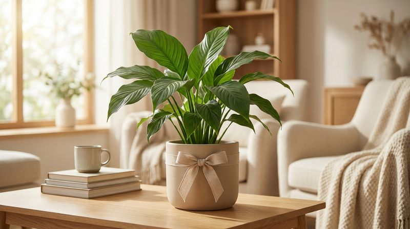Groene kamerplant als cadeau met een strik in een keramieken pot op een houten tafel in een warme woonkamer