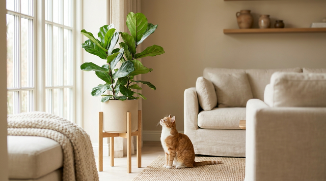 Grote groene kamerplant op een houten plantenstandaard bij het raam met een nieuwsgierige kat ernaast in een lichte woonkamer