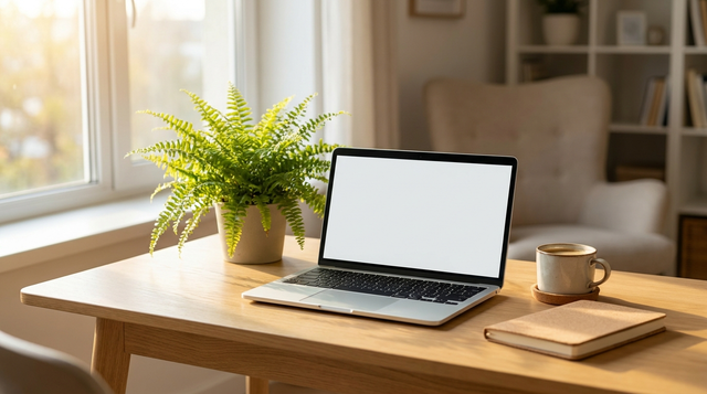 Opgeruimd thuisbureau bij het raam met een laptop en een groene plant ernaast in warm middaglicht