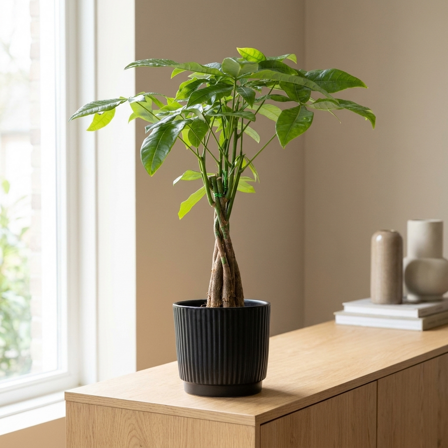 Pachira Aquatica met gevlochten stam in zwarte P&PURE pot op een houten dressoir