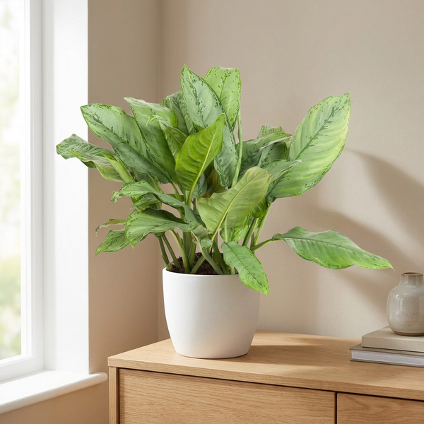 Aglaonema B.J. Freedman in witte pot op een houten dressoir in een lichte woonkamer