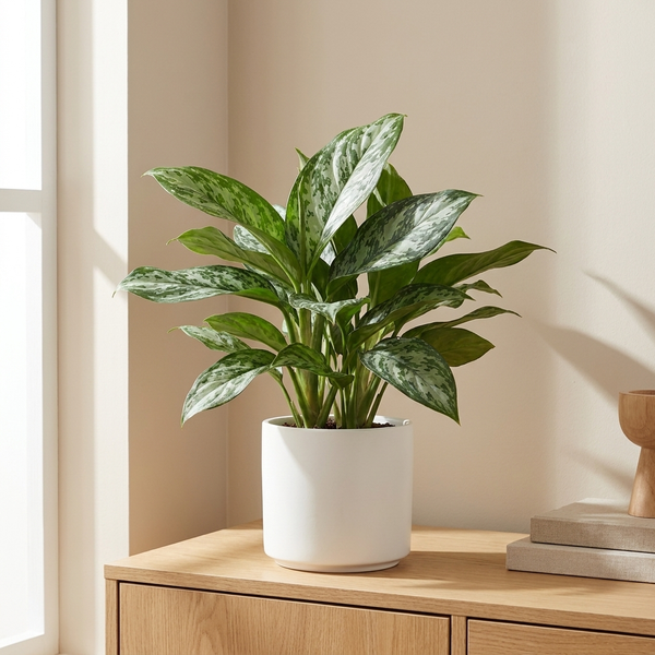 Aglaonema Greenlight in witte pot op een houten dressoir in een lichte woonkamer
