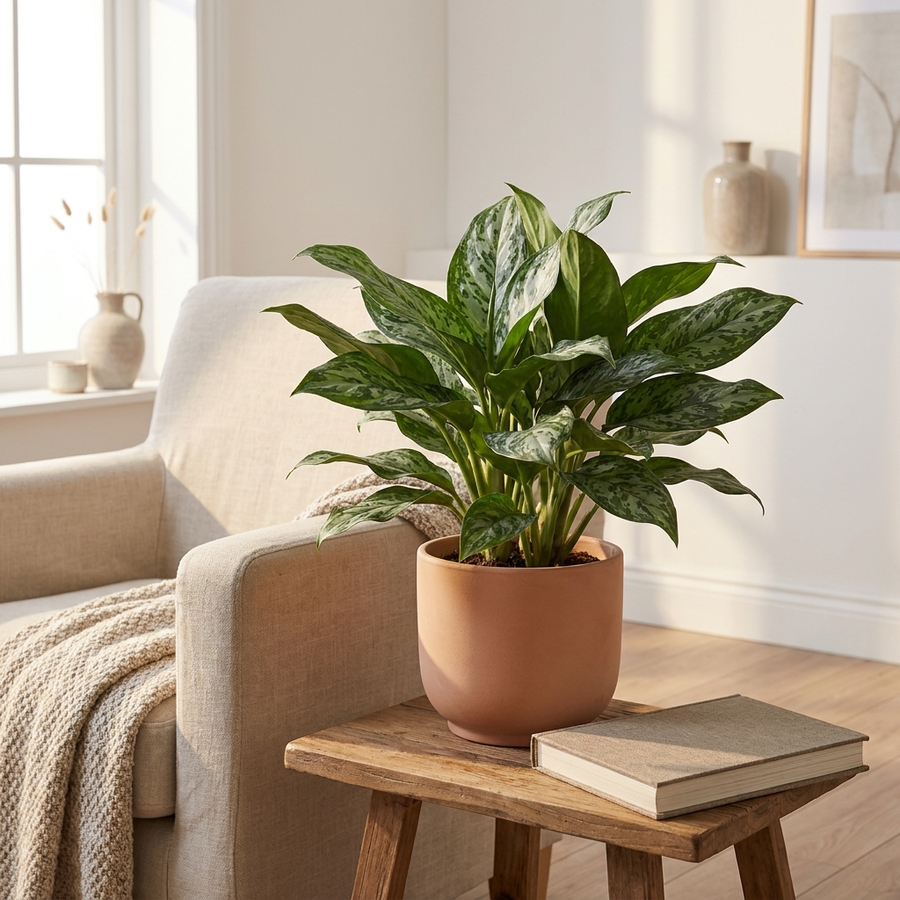 Aglaonema Greenlight in terracotta pot op een bijzettafel naast een fauteuil