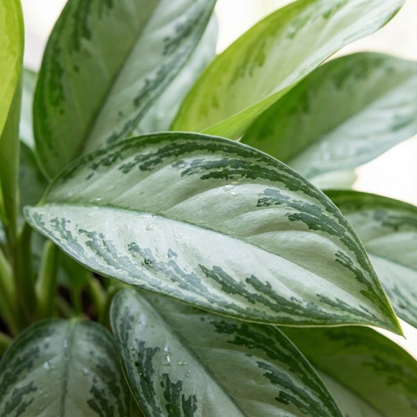 Close-up van het zilvergroene blad met donkergroene rand van de Aglaonema Silver Bay
