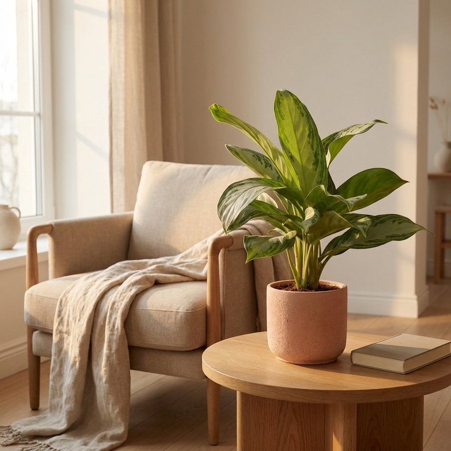 Aglaonema Silver Bay in terracotta pot op een bijzettafel naast een fauteuil