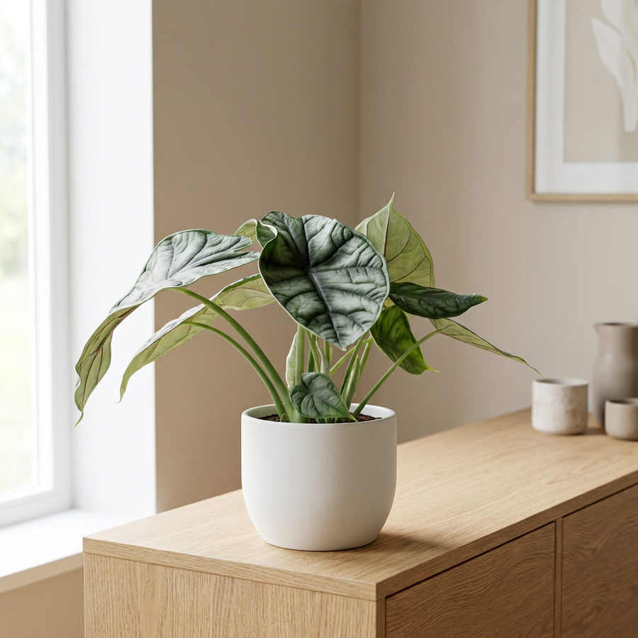 Alocasia Dragon Scale in witte pot op een houten dressoir in een lichte woonkamer