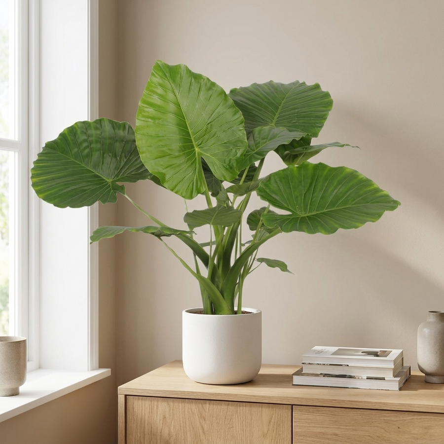 Alocasia Gageana California in witte pot op een houten dressoir in een lichte woonkamer