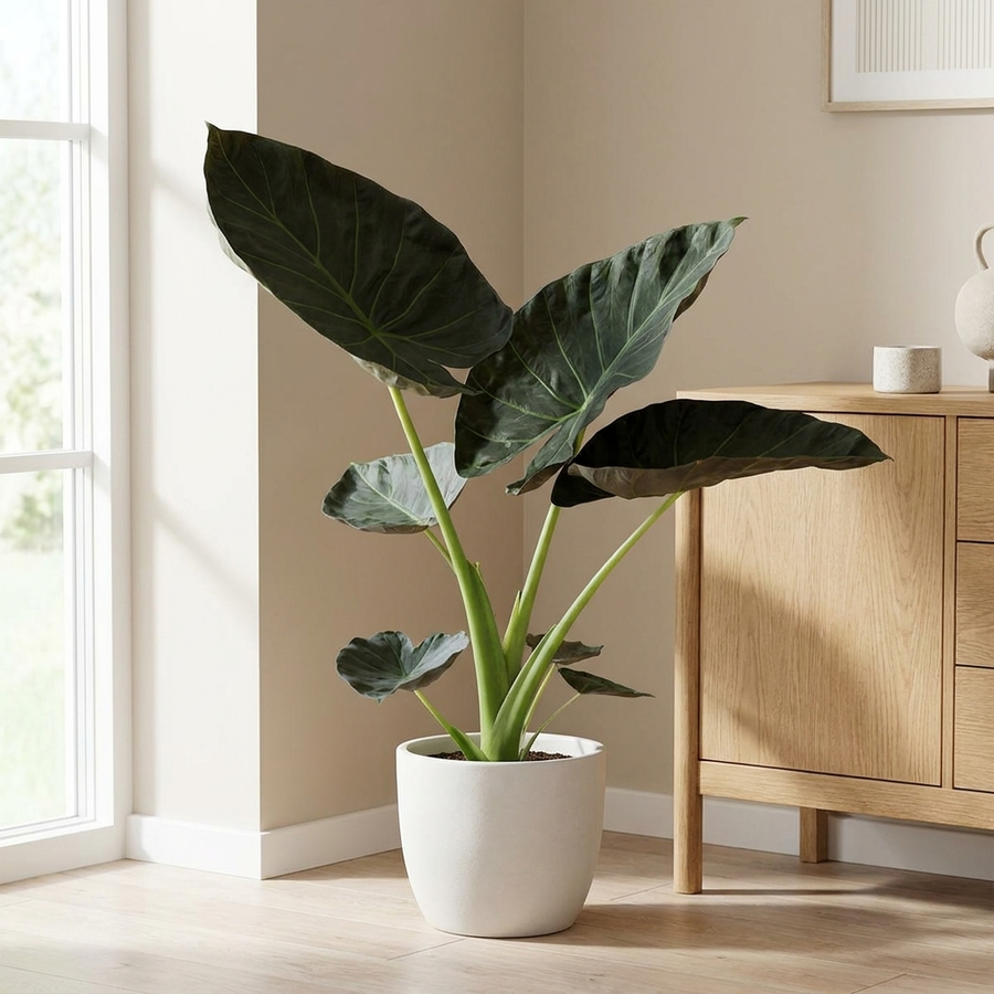 Alocasia Regal Shield in witte pot op de vloer in een lichte woonkamer