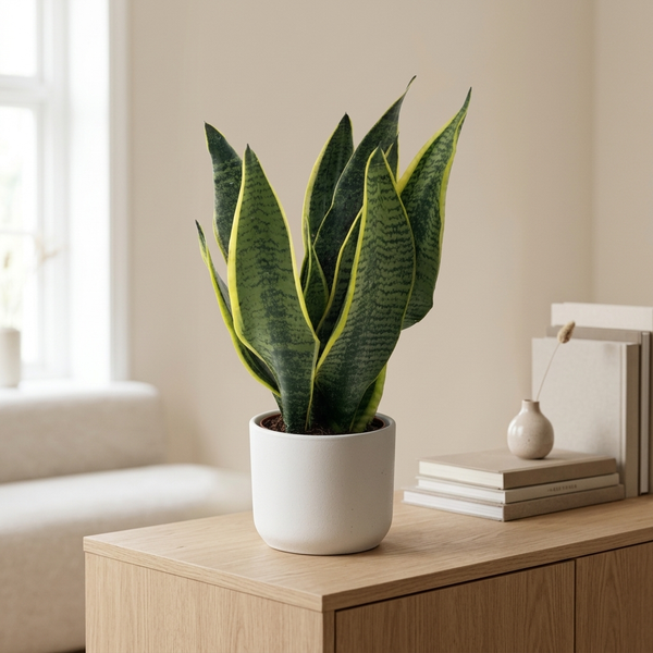 Sansevieria Superba in witte pot op een eiken dressoir in een lichte woonkamer