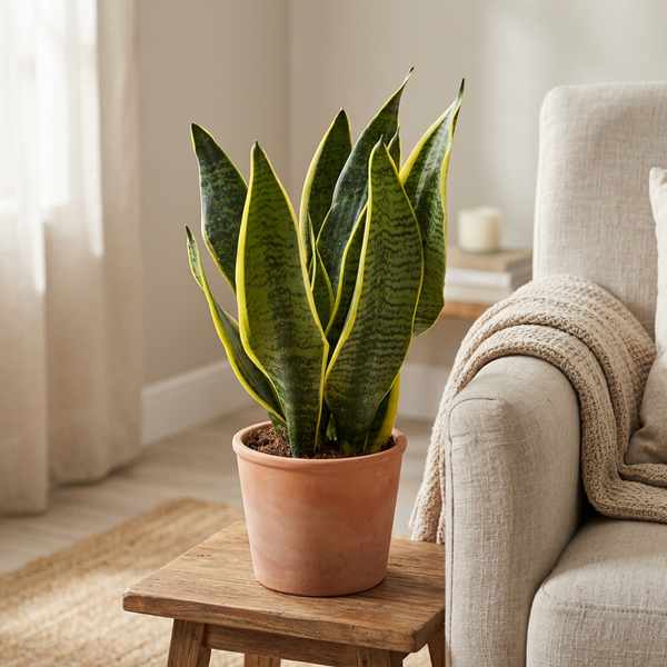 Sansevieria Superba in terracotta pot op een houten bijzettafel naast een fauteuil in een licht interieur
