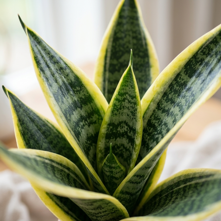 Close-up van de bladeren van de Sansevieria Superba met gele bladranden en groene tekening