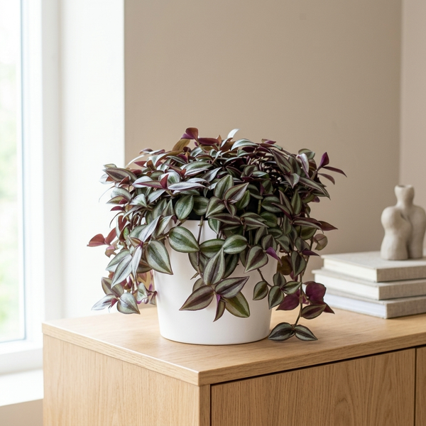 Tradescantia Zebrina Purpusii in witte sierpot op eiken dressoir in een lichte Scandinavische woonkamer