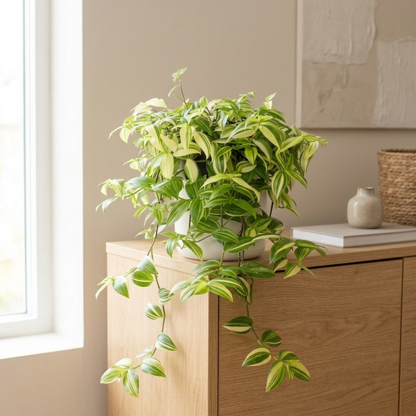 Tradescantia Yellow Hill in witte sierpot op een eiken dressoir in een lichte Scandinavische woonkamer