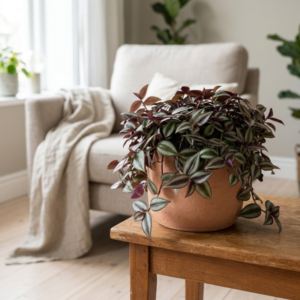 Tradescantia Zebrina Purpusii in terracotta pot op houten bijzettafel naast een fauteuil met linnen plaid