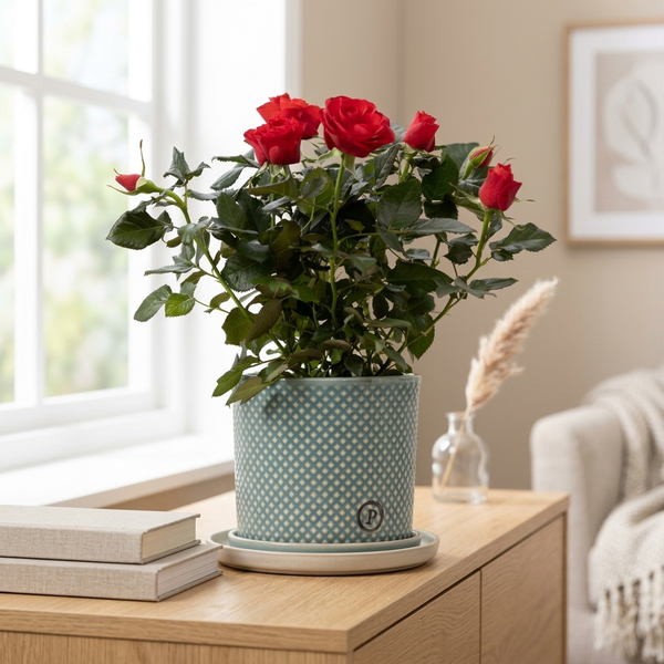 Rosa Red In P&PURE Lauren Ceramics op een eiken dressoir in een lichte Scandinavische woonkamer
