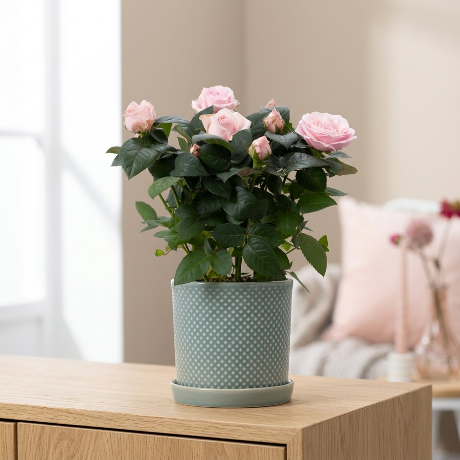 Rosa Light Pink In P&PURE Lauren Ceramics op een licht eiken dressoir in een lichte Scandinavische woonkamer