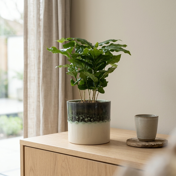 Coffea Arabica In P&PURE Illusion Cer. op een licht eiken dressoir in een lichte Scandinavische woonkamer
