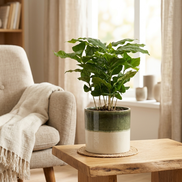 Coffea Arabica In P&PURE Illusion Cer. op een houten bijzettafel naast een fauteuil met linnen plaid in warm ochtendlicht