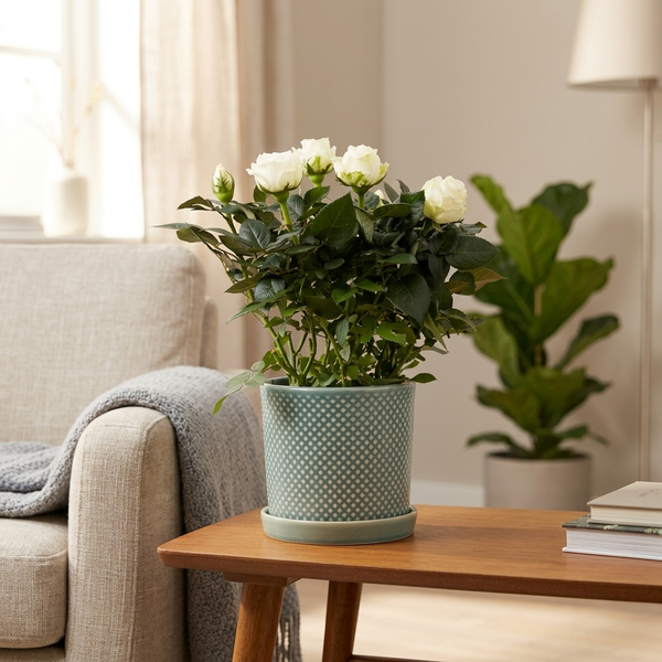Rosa White In P&PURE Lauren Ceramics op een houten bijzettafel naast een fauteuil in een sfeervol interieur