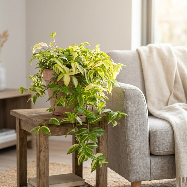 Tradescantia Yellow Hill in terracotta pot op een houten bijzettafel naast een fauteuil met linnen plaid